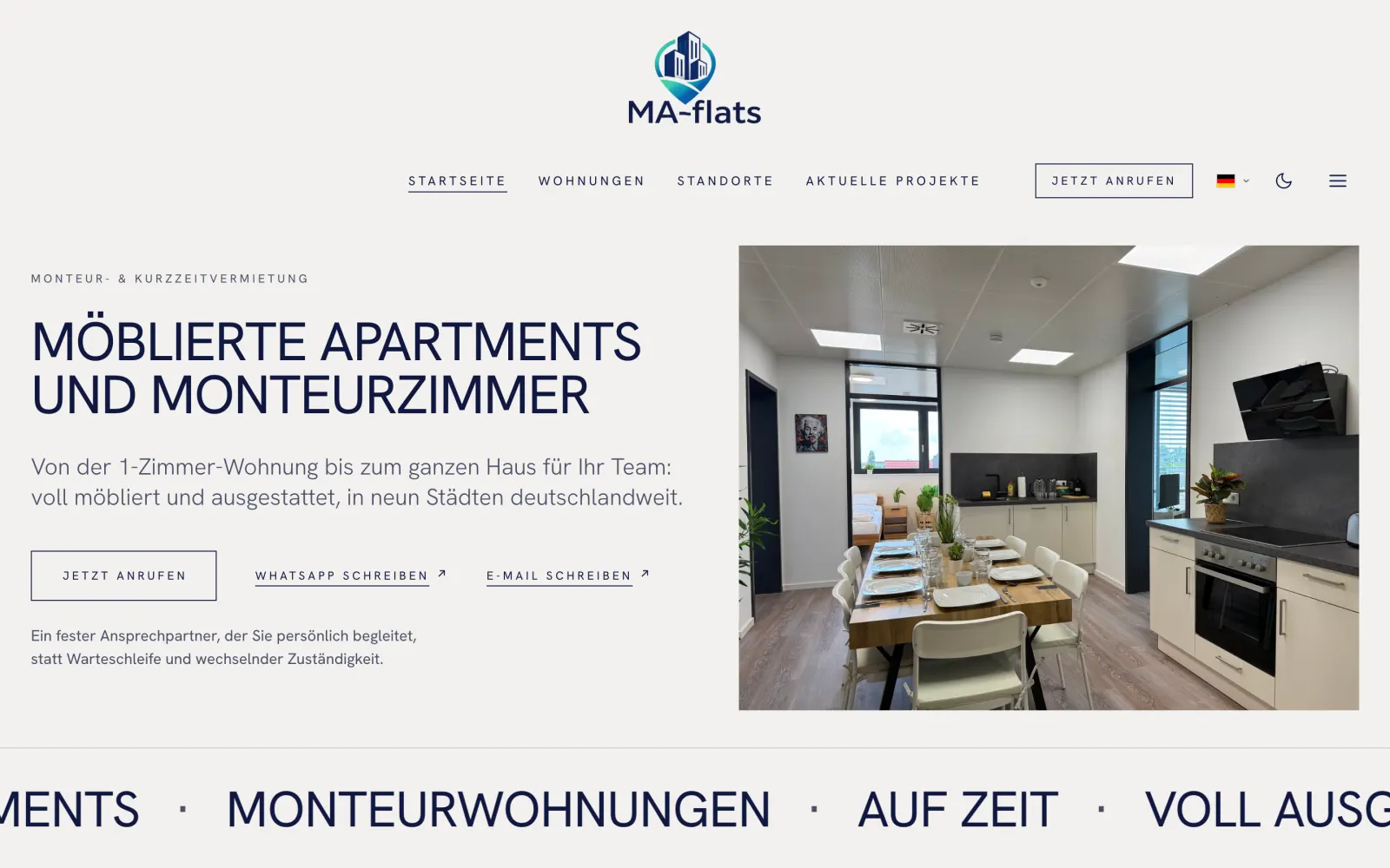 Startseite von maflats.de in der hellen Ansicht, mit Navigation, Überschrift und Apartmentfoto