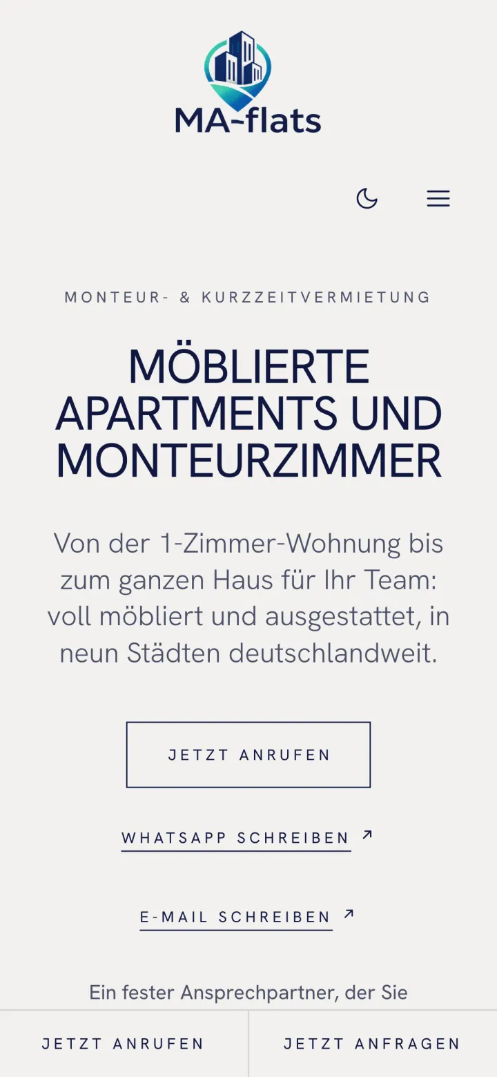 maflats.de auf dem Smartphone, mit fest stehender Aktionsleiste am unteren Rand